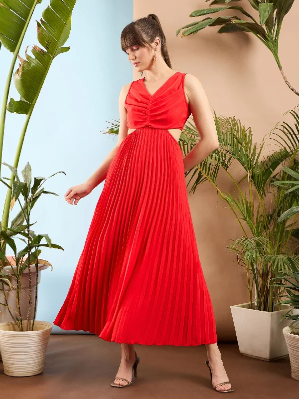 Women Red Waist Cut Out Pleated Maxi Dress Fashionable Chiffon Tiered Maxi Dress