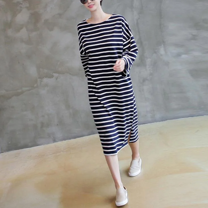 Women side open cotton wild quilting clothes Fabrics navy striped Maxi Dress Comfortable Plunging Neckline Maxi Dress