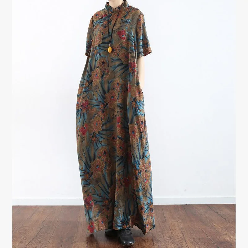 Women Stand Asymmetric Silk Blended Outfit Korea Sleeve Floral Maxi Dresses Trendy Maxi Dress with Straps