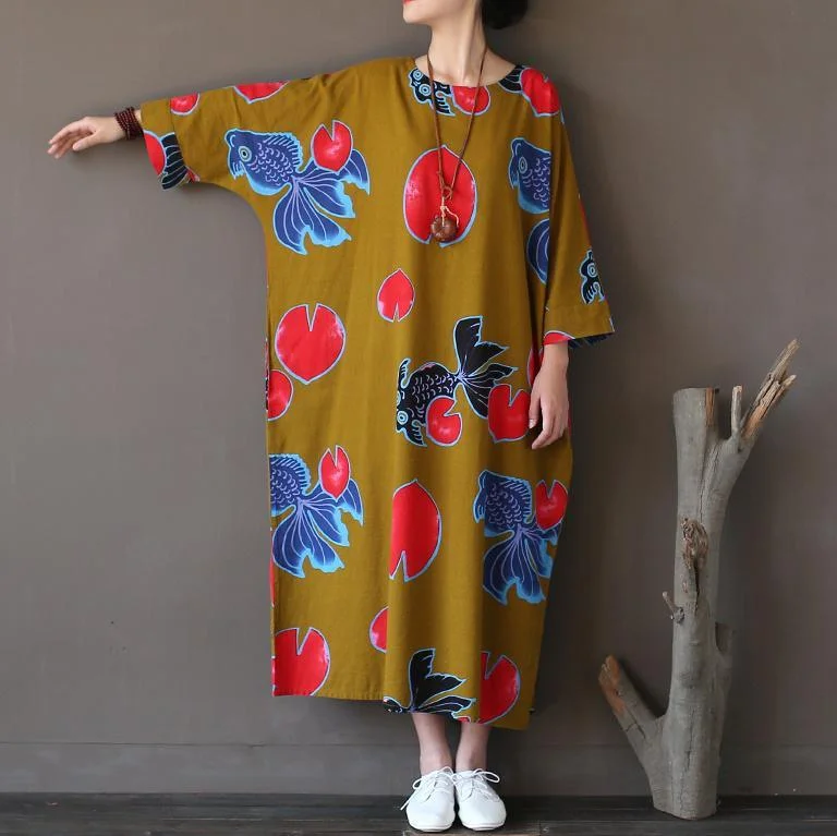 yellow floral casual linen dresses oversize o neck maxi dress Fashionable Maxi Dress with Fringe