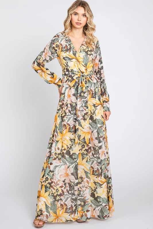 Yellow Floral Chiffon Wrap Front V-Neck Long Sleeve Maxi Dress Trendy Short Sleeve Maxi Dress