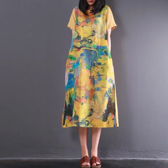 yellow print vintage linen dresses plus size casual sundress short sleeve maxi dress Elegant Maxi Dress with Belt