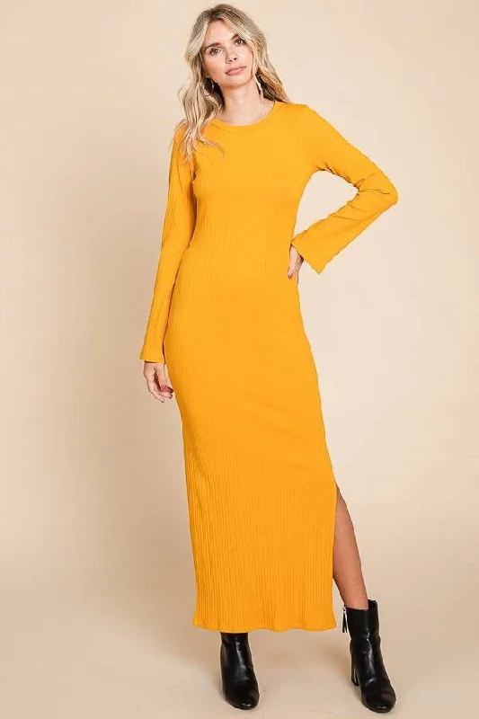 Yellow Ribbed Side Slit Maxi Dress Cozy Open-Back Maxi Dress