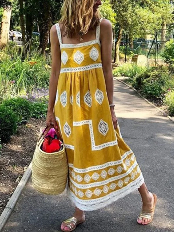 Yellow Square Neck Boho Print Tank Maxi Dress Stylish Pleated A-Line Maxi Dress