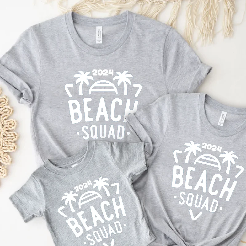 2024 Beach Squad Family Matching Grey T-Shirts Notch Collar Peter Pan Collar Cowl Neck