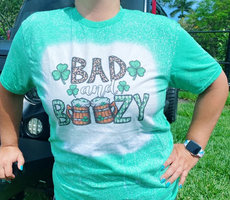 Bad & Boozy Funny St. Patrick's Day Holiday Themed Bleached Unisex Soft Style T-Shirt Terry Blend Velvet Blend Canvas Blend