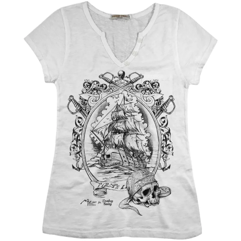 Vintabros Ghost Ship Cotton Women T-shirt V Neck Embroidered Appliqued Beaded