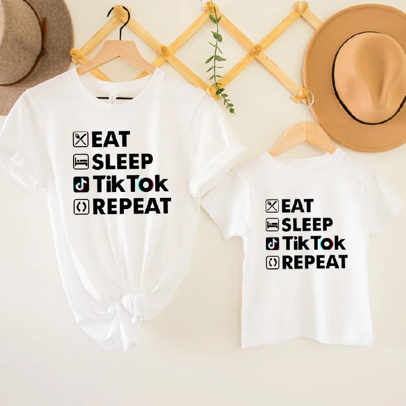 Eat Sleep Tik Tok Repeat Matching White T-Shirts Knit Fabric Woven Fabric Fleece Fabric