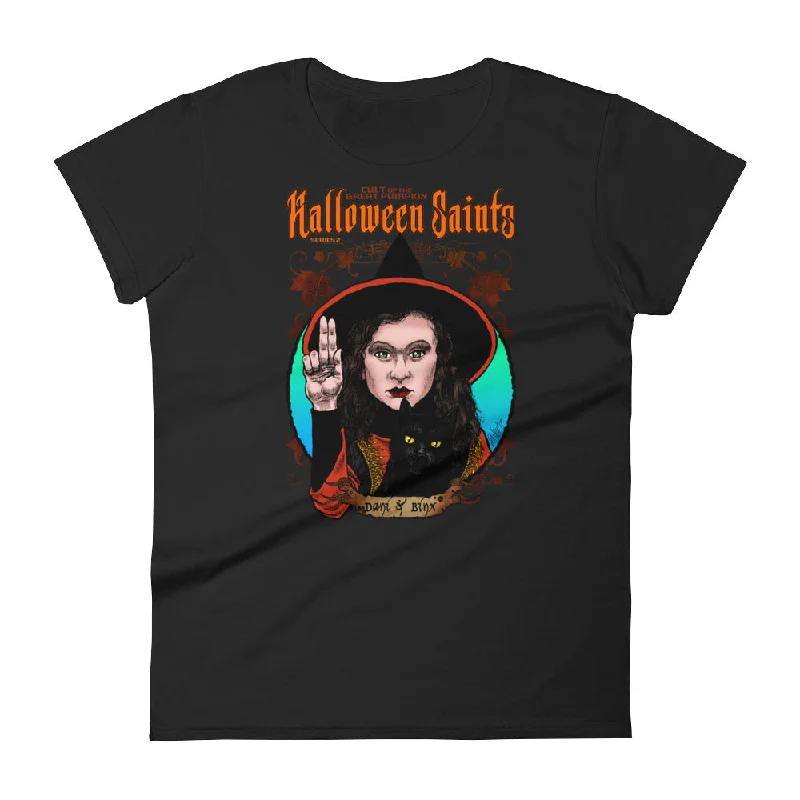 Halloween Saints Series 2 - Dani and Binx Women's short sleeve t-shirt Hooded Caped Shawl Collar