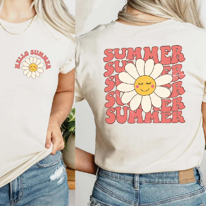 Hello Summer Front & Back Graphic Women's T-shirt Handmade Hand-knitted Hand-woven