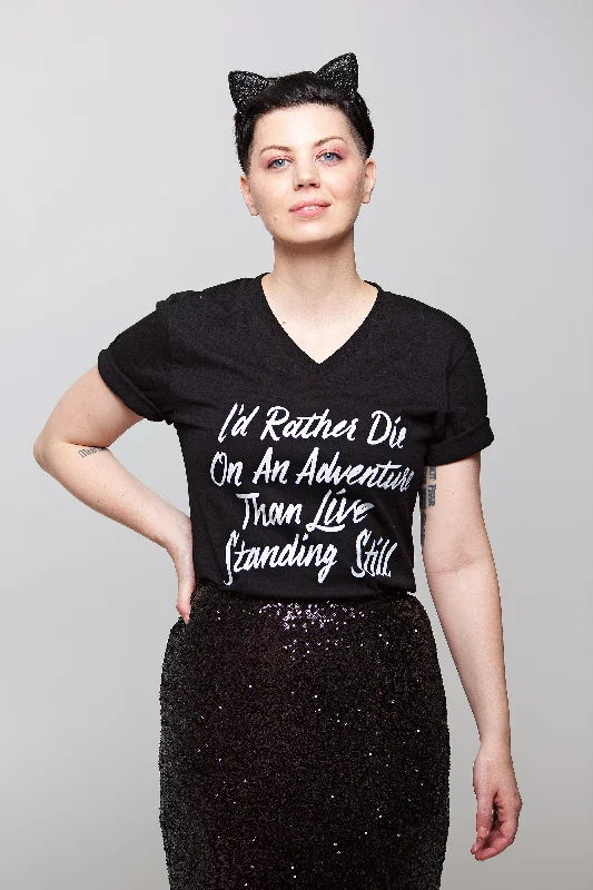 I'd Rather Die on an Adventure Unisex V-Neck T-Shirt | V.E. Schwab Official Collection Spandex Blend Rayon Blend Denim Blend