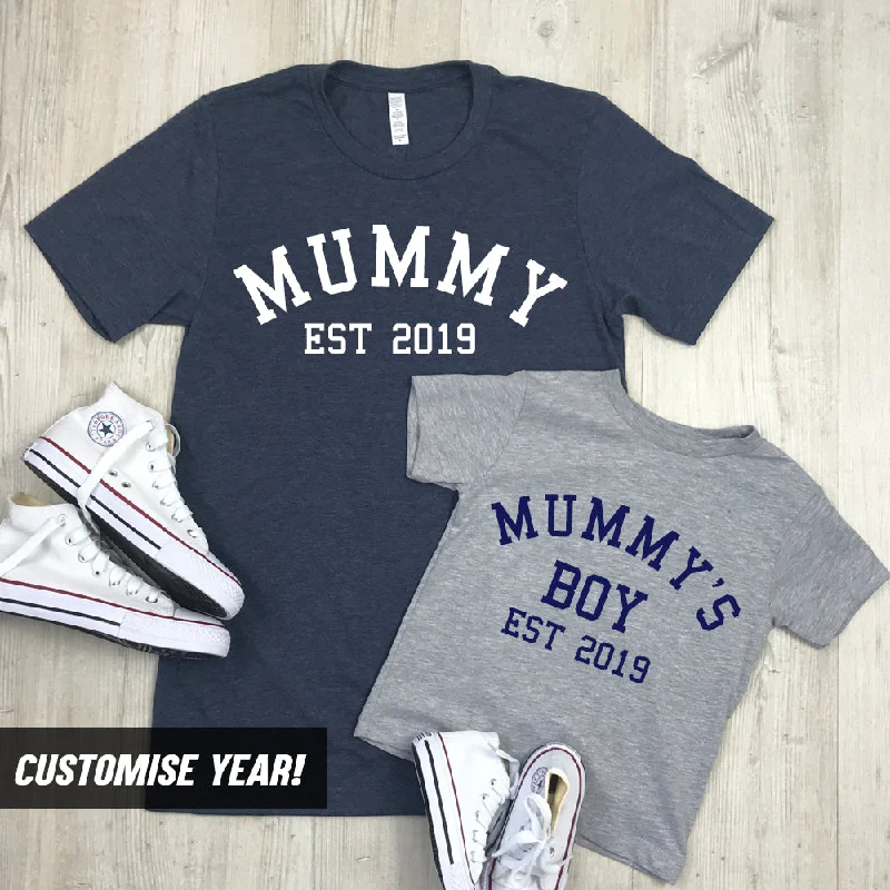 Personalised Mummy & Son Varsity Established Matching T-Shirts (MRK X) Plaid T-Shirt Polka Dot Checkered