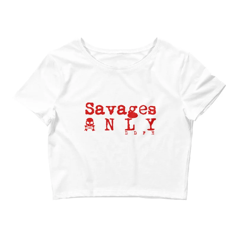 'Savages ONLY' Women’s White Crop Tee Hooded Caped Shawl Collar