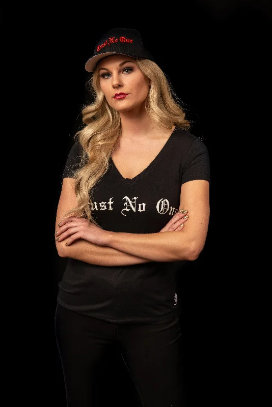 Women's Face of Trust No One V-Neck T-Shirt - Black Collared Crew Neck Turtle Neck