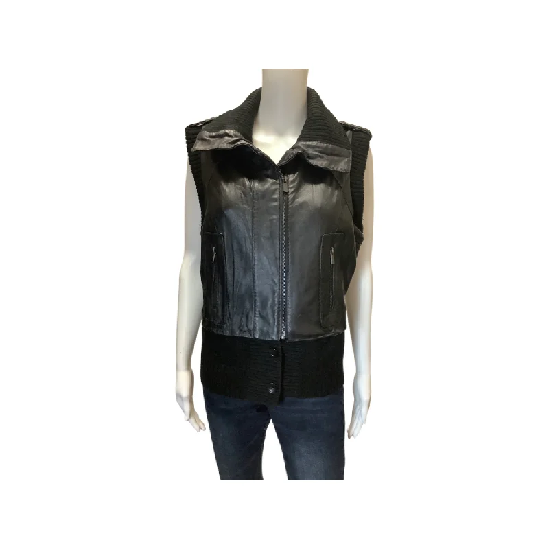 BCBGMAXAZRIA Black Leather Sweater Vest Jacket Size M Satin Jacket Silk Jacket Chiffon Jacket