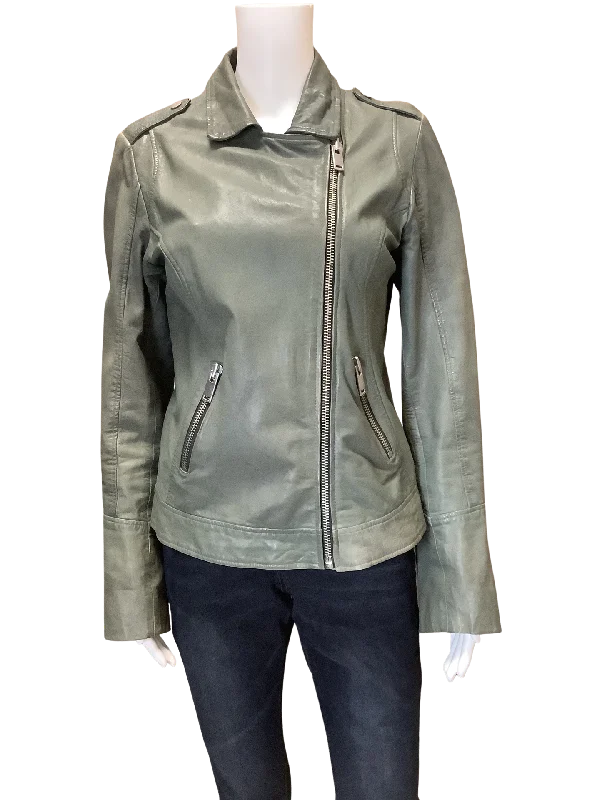 Doma Women's Leather Olive Biker Jacket  Size: L Trench Coat Raincoat Waterproof Jacket