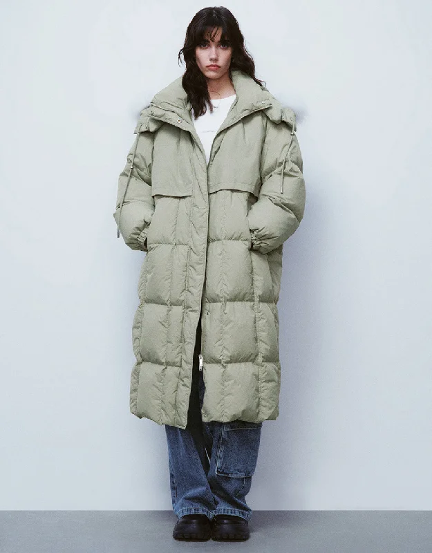 Hooded Straight Down Jacket Welt Pockets Slit Pockets Flap Pockets