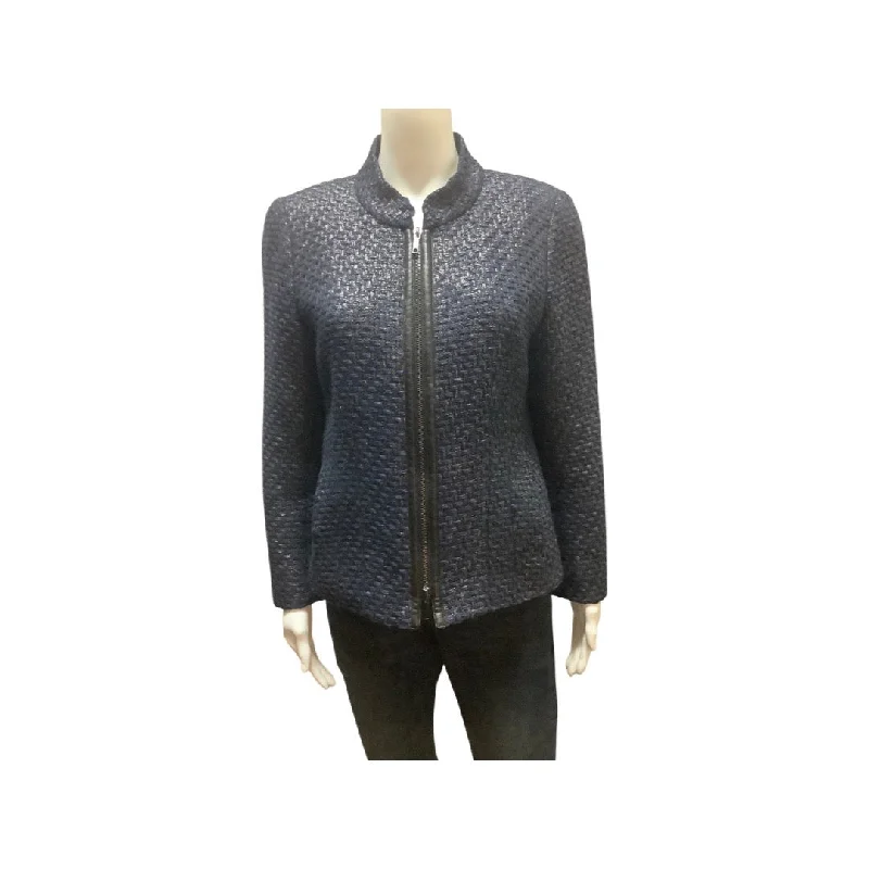 Lafayette 148 Metallic Blue/Black Jacket Size 10 One-Shoulder Jacket Off-the-Shoulder Jacket Asymmetrical Jacket