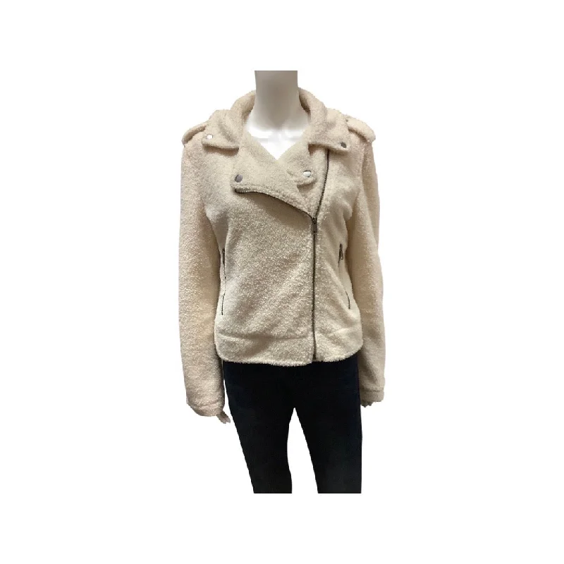 Max Studio Ivory Sherpa Moto Jacket Size: M V-Neck Jacket Boat Neck Jacket Square Neck Jacket