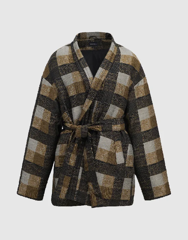 Plaid Down Jacket With Belt Knit Jacket Woven Jacket Fleece Jacket