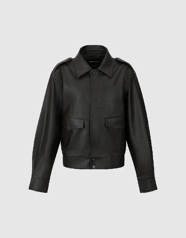 Straight Leather Jacket Front Pockets Side Pockets Patch Pockets