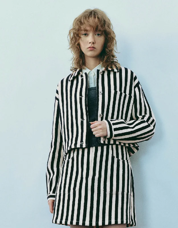 Striped Button Up Straight Jacket Print Jacket Jacquard Jacket Patchwork Jacket