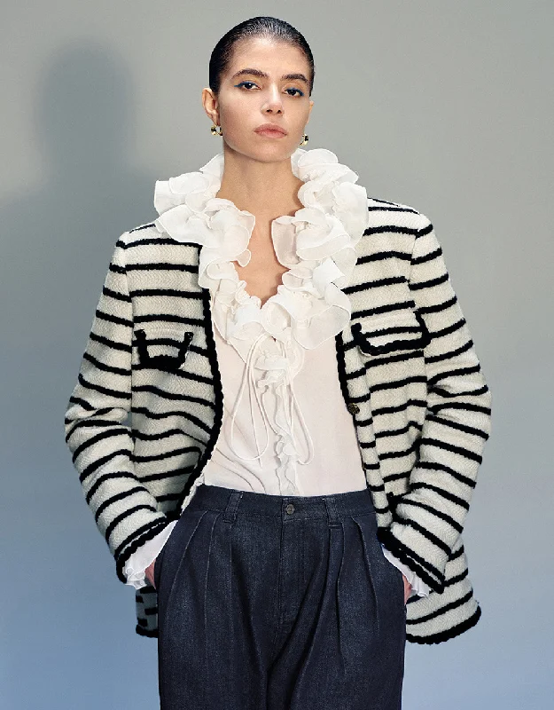 V-Neck Striped Woolen Jacket Jacket Blazer Coat