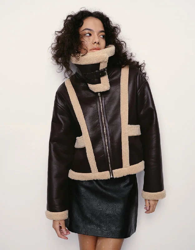 Vegan Leather Jacket With Furry Collar Rayon Fabric Velvet Fabric Corduroy Fabric