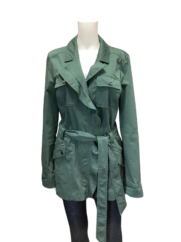 White House Black Market Women's Jacket Safari Green Ruffled Belted Size: 12 Tiered Jacket Buttoned Jacket Zippered Jacket