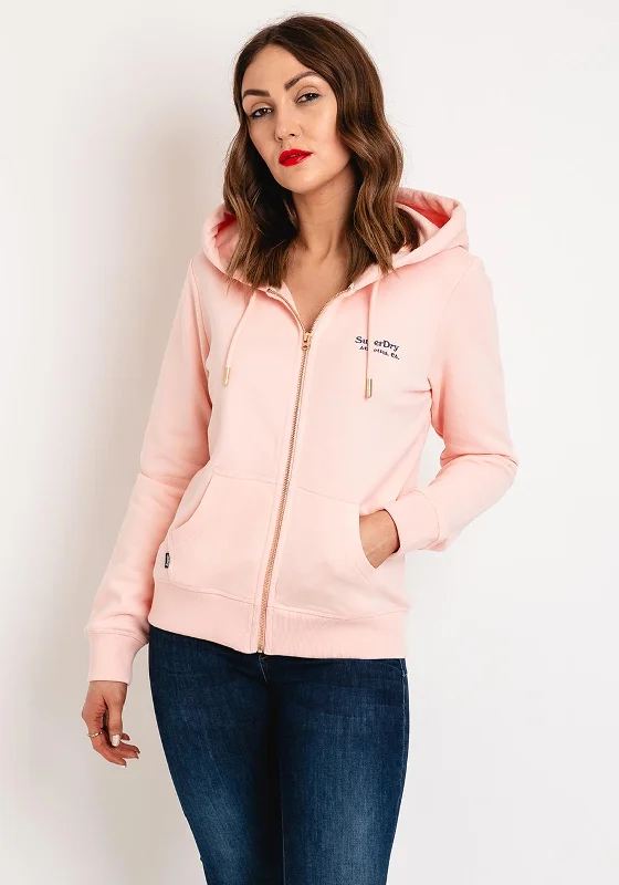 Superdry Womens Essential Logo Zip Up Hooded Jacket, Pale Rose Pink Fleece Jacket Down Jacket Parka