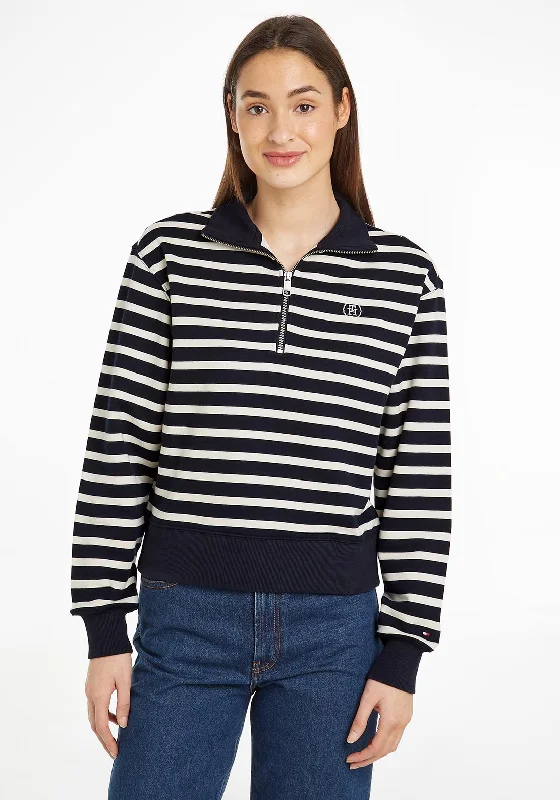 Tommy Hilfiger Womens Breton Stripe Half Zip Jacket, Desert Sky Cotton Fabric Linen Fabric Terry Fabric