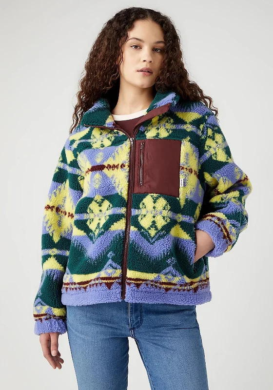 Wrangler Zip Through Aztec Print Sherpa Jacket, Very Peri Fitted Jacket Loose Jacket Oversized Jacket