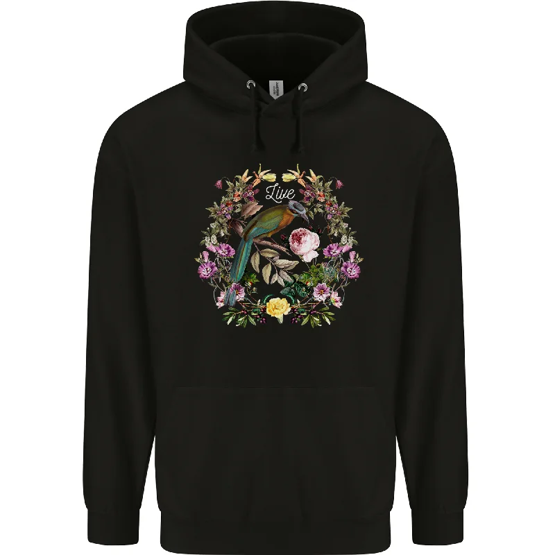 A Bird and Flower Wreath Mens 80% Cotton Hoodie Hoodie with Thumb Holes Functional Cozy