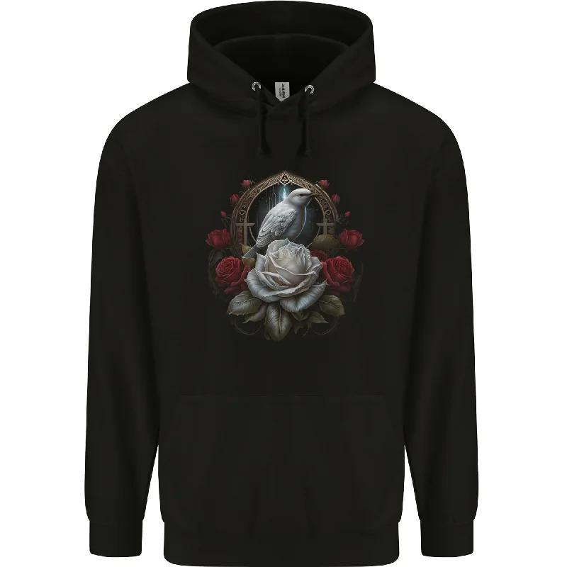 A Bird and Rose in Front of a Gothic Mirror Mens 80% Cotton Hoodie Hoodie with Button Classic Timeless