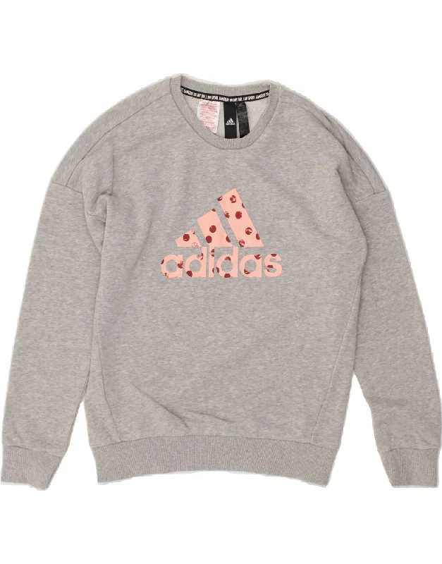 ADIDAS Girls Graphic Sweatshirt Jumper 11-12 Years Grey Cotton Hoodie with Hem Frayed Vintage Worn