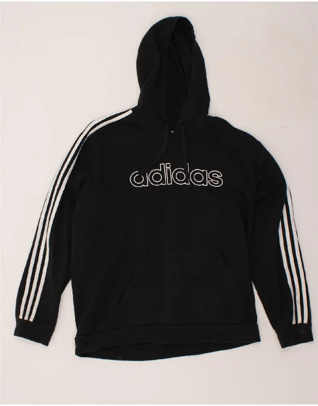 ADIDAS Mens Graphic Hoodie Jumper Large Black Cotton Hoodie with Puffed Sleeves Voluminous Trendy