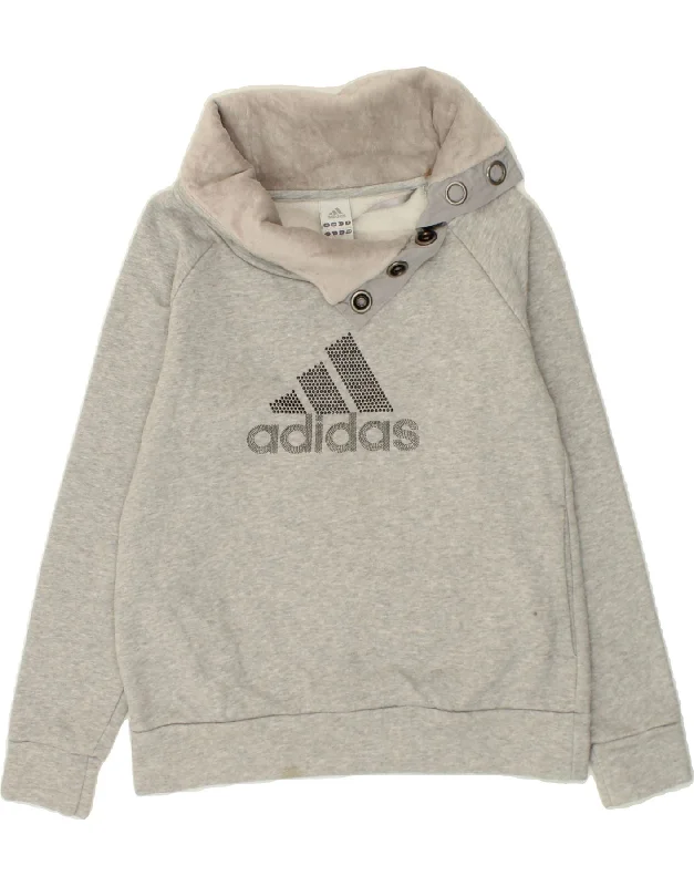 ADIDAS Womens Graphic Button Neck Sweatshirt Jumper UK 8/10 Small Grey Hoodie with Ribbed Cuffs Snug Fit Comfort