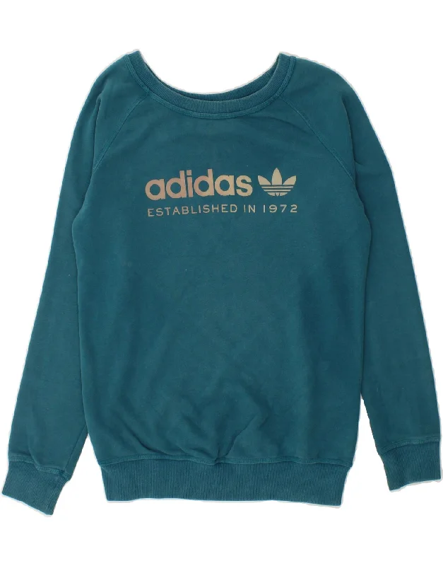 ADIDAS Womens Graphic Sweatshirt Jumper UK 14 Large  Blue Cotton Hoodie with Sequins Glamorous Eye-catching