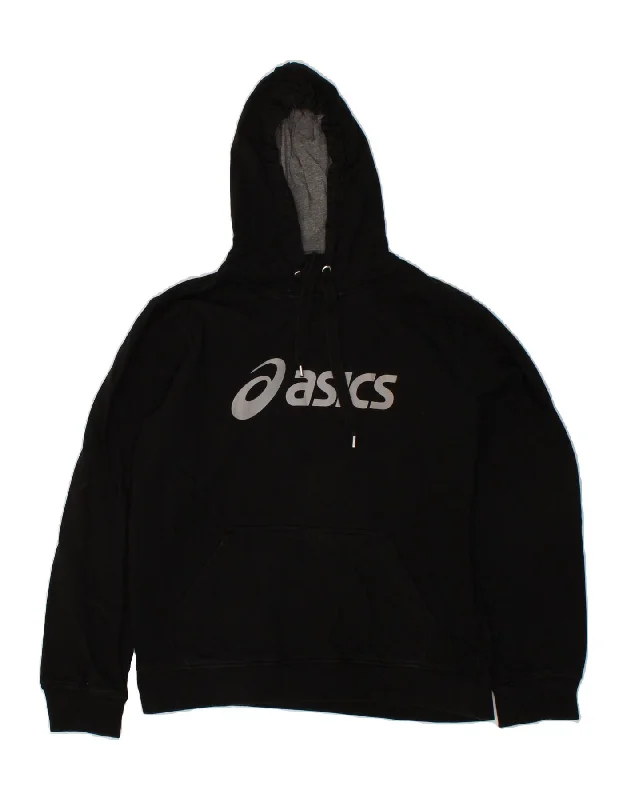 ASICS Mens Graphic Hoodie Jumper Medium Black Cotton Hoodie with Stripes Bold Sporty