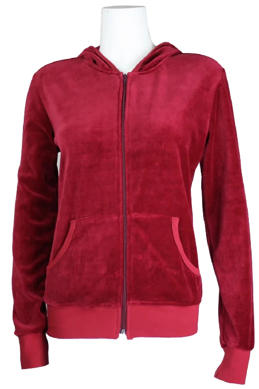 Burgundy Velour Zip Hoodie Hoodie with Emblem Brand Identity