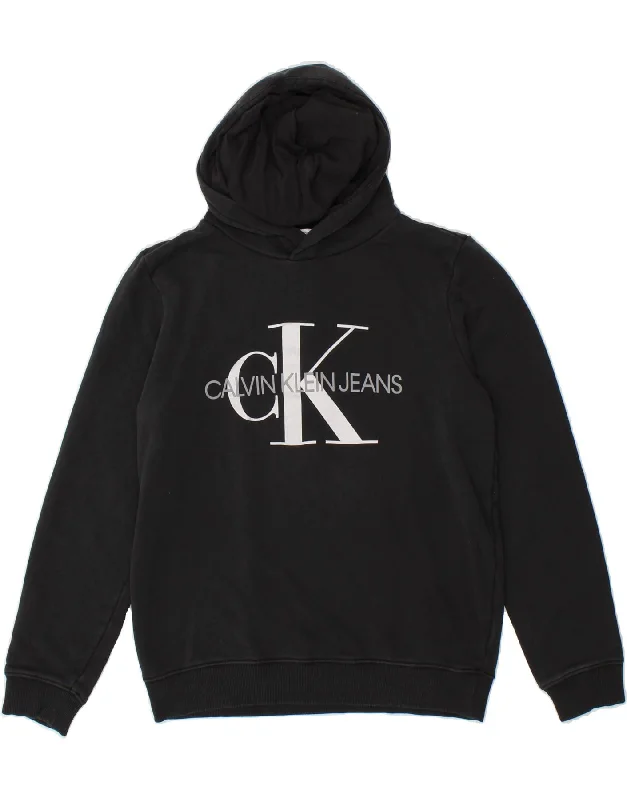 CALVIN KLEIN JEANS Boys Graphic Hoodie Jumper 15-16 Years Black Cotton Hoodie with Bell Sleeves Flared Feminine