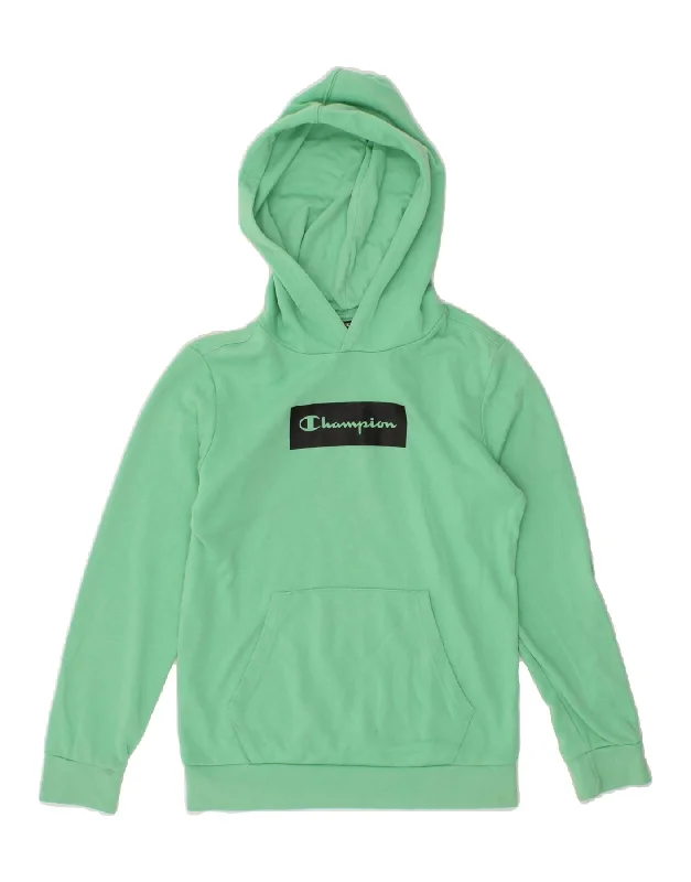 CHAMPION Boys Graphic Hoodie Jumper 11-12 Years Large Green Cotton Hoodie Fleece Lining Warmth