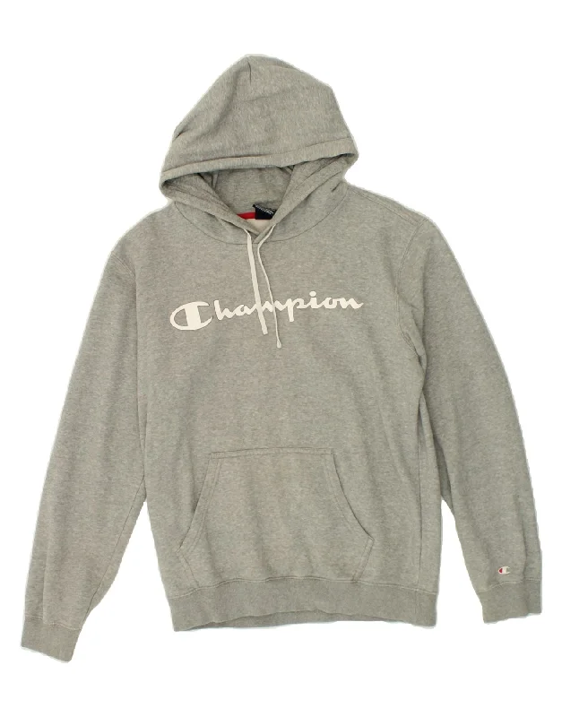 CHAMPION Mens Graphic Hoodie Jumper Medium Grey Flecked Cotton Hoodie with Pocket Utility Practical