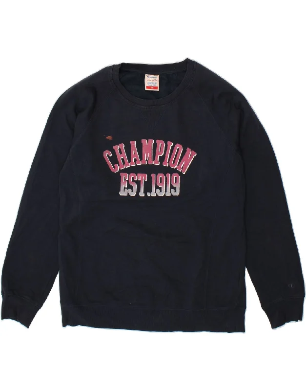 CHAMPION Womens Heritage Fit Graphic Sweatshirt Jumper UK 18 XL Navy Blue Hoodie with Batwing Sleeves Loose Dramatic