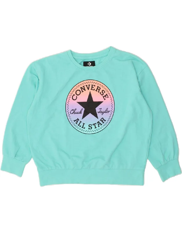 CONVERSE Girls Graphic Sweatshirt Jumper 12-13 Years Large Turquoise Hoodie with Monochrome Minimalist Simple