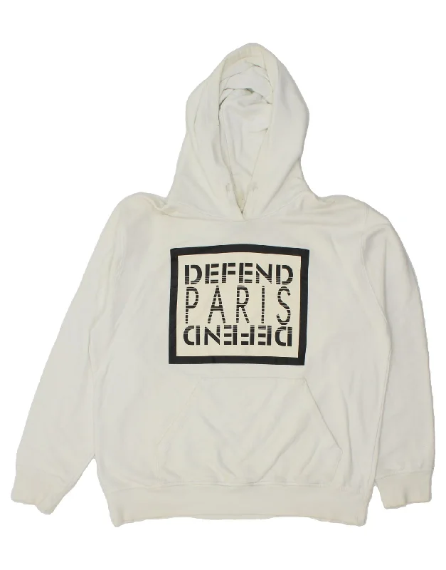 DEFEND PARIS Mens Graphic Hoodie Jumper Medium White Cotton Hoodie with Mesh Breathable Sporty