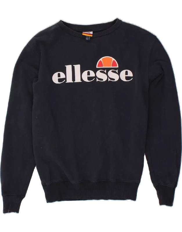 ELLESSE Womens Oversized Graphic Sweatshirt Jumper UK 6 XS Navy Blue Hoodie with Zipper Placket Modern Functional