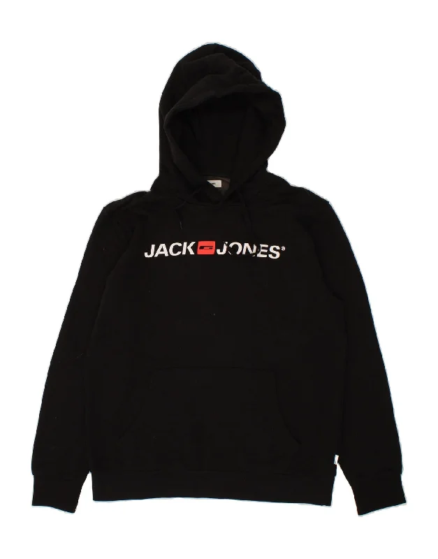 JACK & JONES Mens Graphic Hoodie Jumper Medium Black Cotton Hoodie with Tied Waist Feminine Flattering