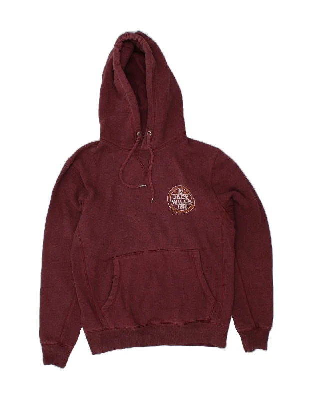 JACK WILLS Mens Graphic Hoodie Jumper Small Maroon Cotton Hoodie with Full-Zip Functional Layering