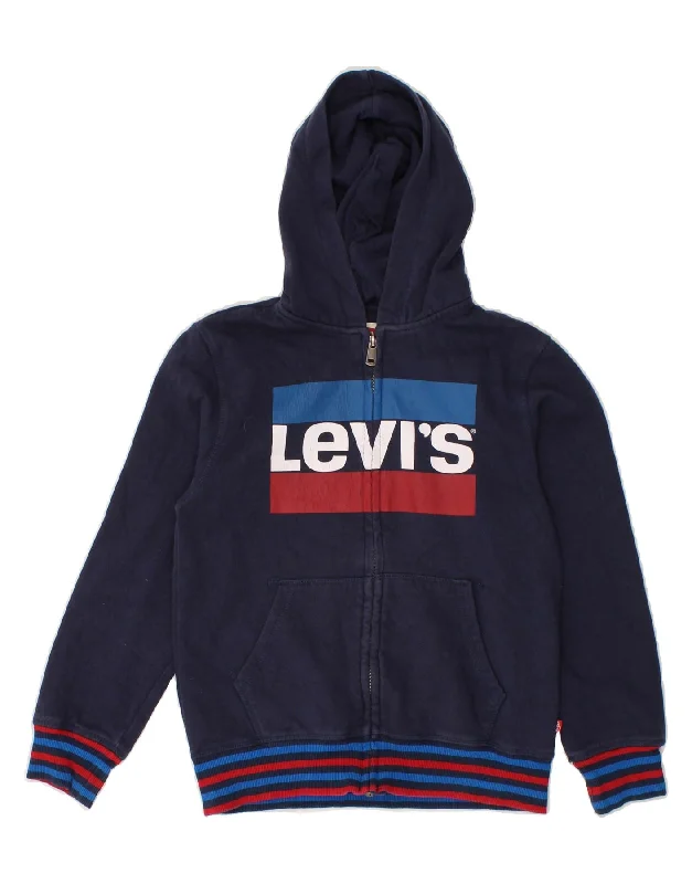 LEVI'S Boys Graphic Zip Hoodie Sweater 9-10 Years Navy Blue Cotton Hoodie with Puffed Sleeves Voluminous Trendy